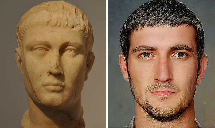 Side-by-side comparison of a Roman emperor bust and a realistic facial reconstruction using AI and Photoshop techniques.
