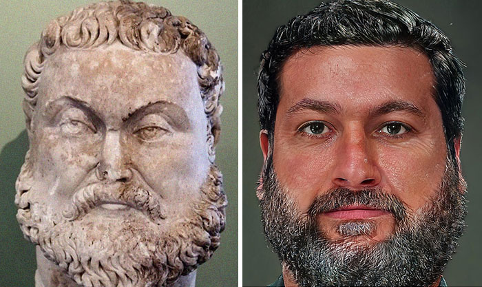 Side-by-side comparison of a Roman emperor’s marble bust and a realistic facial reconstruction using AI and Photoshop techniques.
