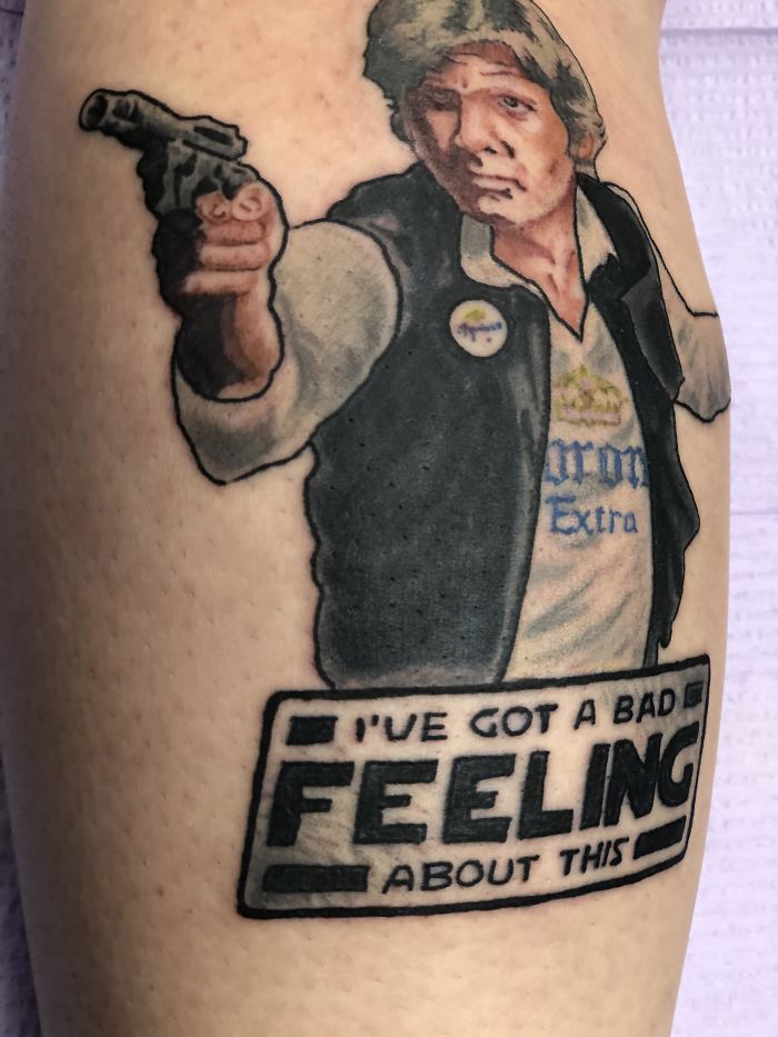 Creative Covid-19 tattoo featuring a character holding a gun with text "I've got a bad feeling about this."