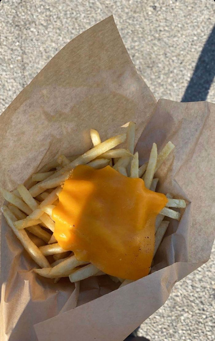 The Food Truck Sign Said “Fries $5, Add Cheese $2” - I Only Realized The Cheese Was Meant For Hamburgers After They Handed Me This