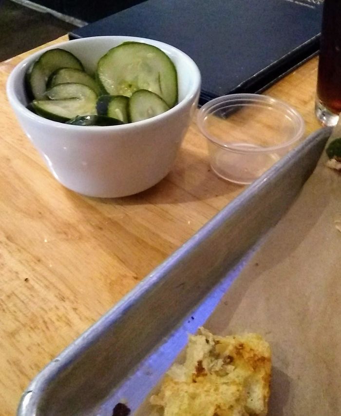 I Asked For Extra Pickles And They Gave Me That Little Clear Condiment Cup With Like 4 Pickles In It, Andi Finished In A Few Seconds And Asked For More. She Came Back And Practically Slammed Down An Entire Bowl Of Pickles, As If To Say "Fine, You Want Pickles? Ill Give You All The Pickles"