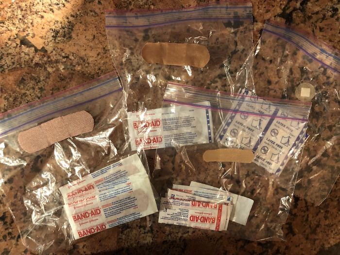 My Dad Put An Example Of Each Bandaid On The Outside Of The Ziplock Baggies