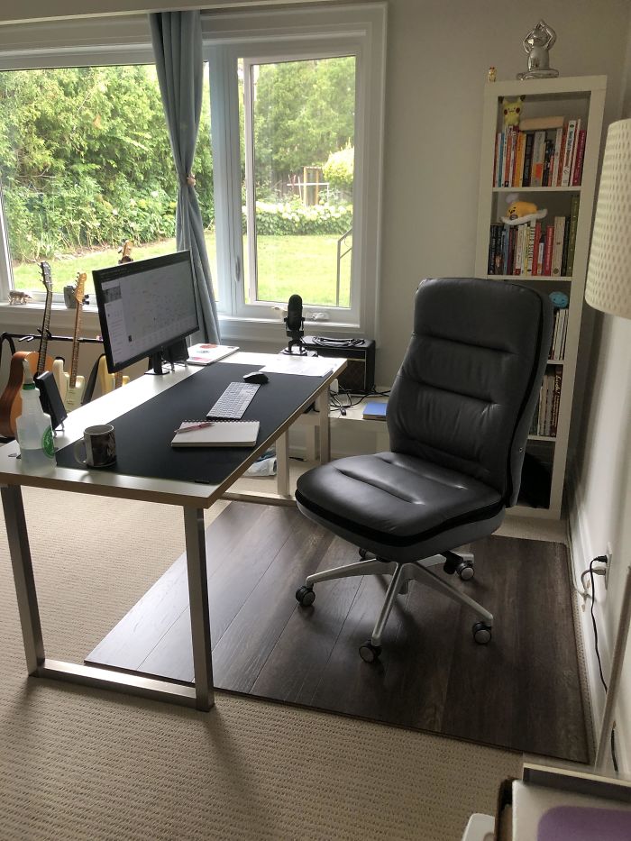 Instead Of Buying Those Cheap Plastic Chair Mats, I Bought A Box Of Laminate Flooring Planks And Put Them Together. Took Less Than 10 Minutes And Feels Sturdy. Chair Rolls So Smooth