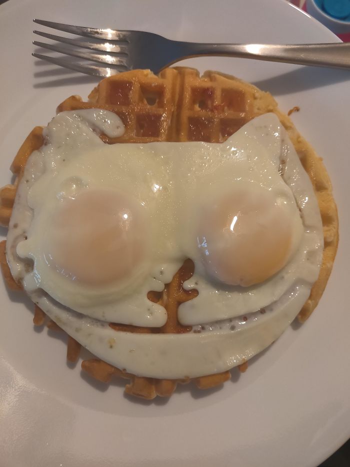 Some Egg Leaked Out Of The Mold And Made This Normal Cat Look More Like A Cheshire Cat.