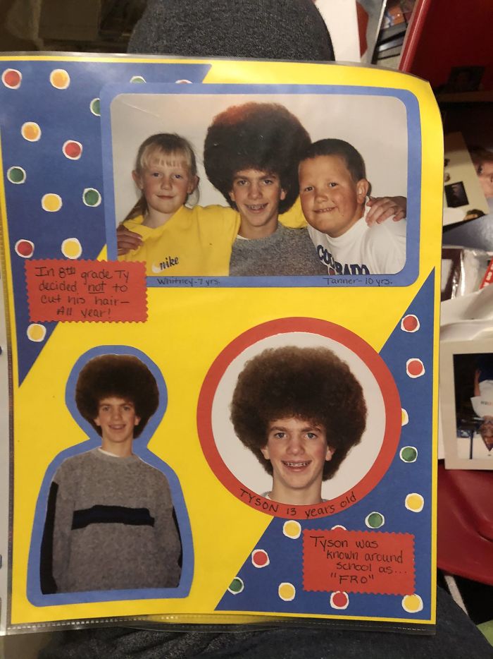 Found This Scrapbook Page My Mom Made: My Nickname Was Q-Tip, And Once My Entire 8th Grade Math Class Hid All Of Their Pencils In My Hair... Late 90’s