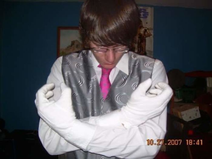 Since Y'all Are Digging My First Post, May I Proudly Present My Most Blunderful Photo Of All Time: White Gloves And Pink Tie. Timestamp For Added Old School Authenticity