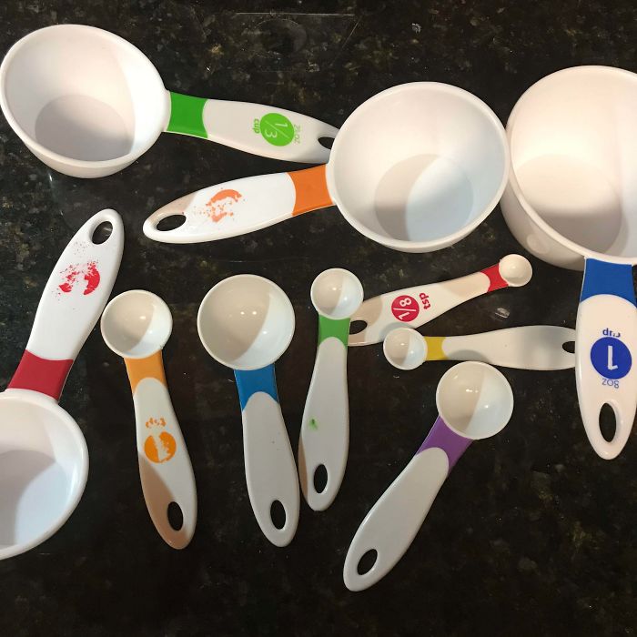 Measuring Spoons & Cups Labeled With Ink That Washes Off The First Time They Come In Contact With Water.