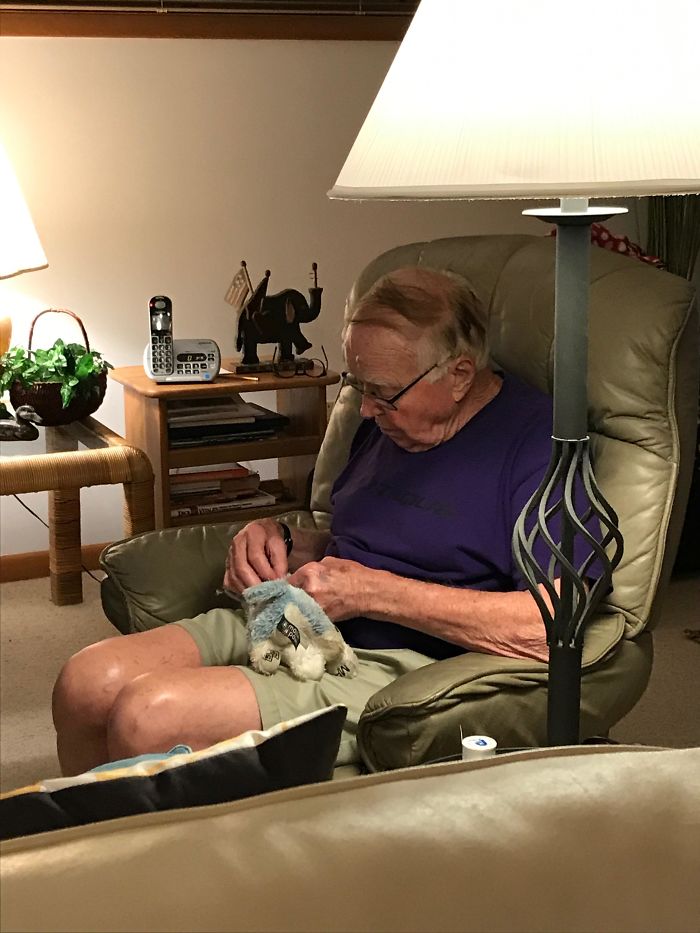 My 90 Year Old Grandpa Is Sewing The Holes My Dog Made In Her Favorite Toy