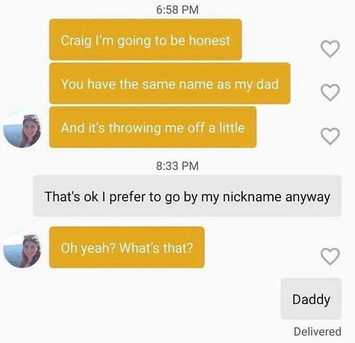 Text conversation showing a terrible Tinder pick up line involving an awkward nickname response.