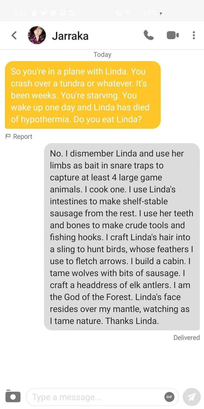Screenshot of a Tinder conversation showing a terrible Tinder pick up line about survival and a humorous reply using Linda's body parts.
