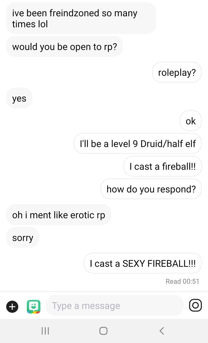 Chat conversation showing an embarrassing Tinder pick up line involving roleplay and a s**y fireball joke.