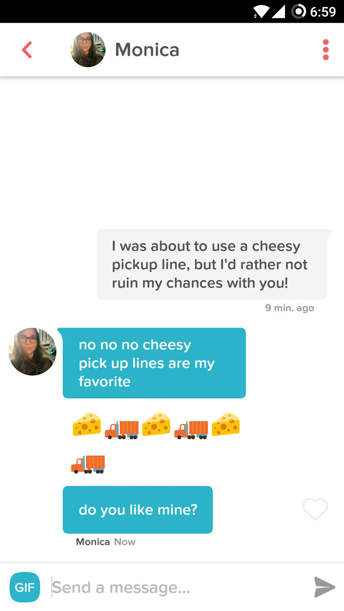 Tinder chat showing cheesy pick up lines with cheese and truck emojis, part of terrible Tinder pick up lines collection.