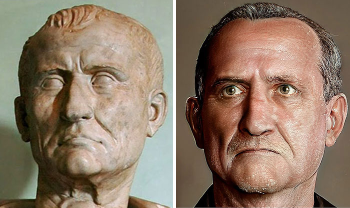 Side-by-side comparison of a Roman emperor bust and a realistic facial reconstruction using AI and Photoshop techniques.