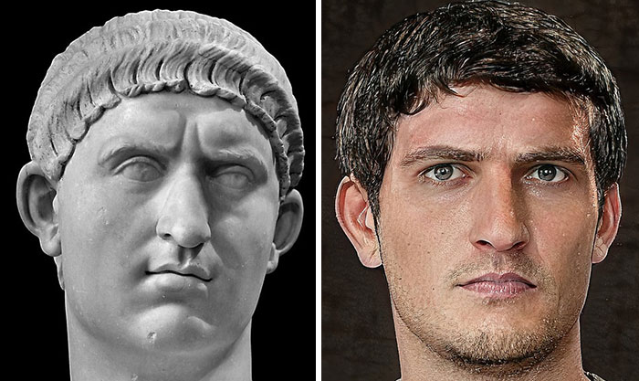 Side-by-side image showing Roman emperor bust and realistic facial reconstruction using AI and Photoshop techniques.