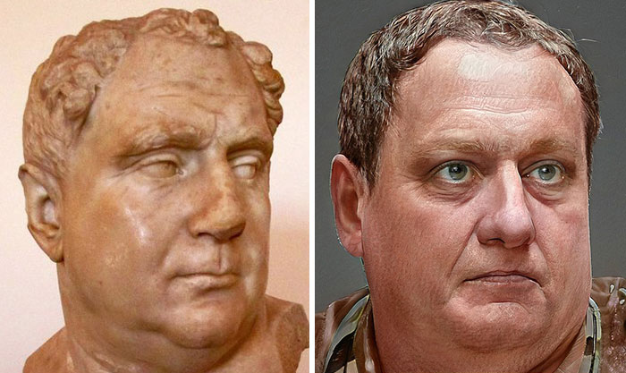 Side-by-side comparison of a Roman emperor bust and a realistic facial reconstruction using AI and Photoshop techniques.
