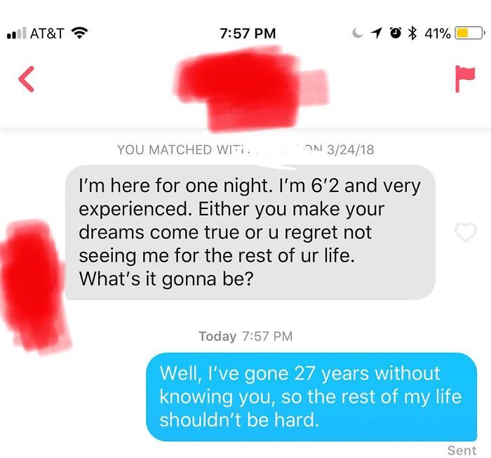 Text message exchange showing a terrible Tinder pick up line and a witty rejection response.