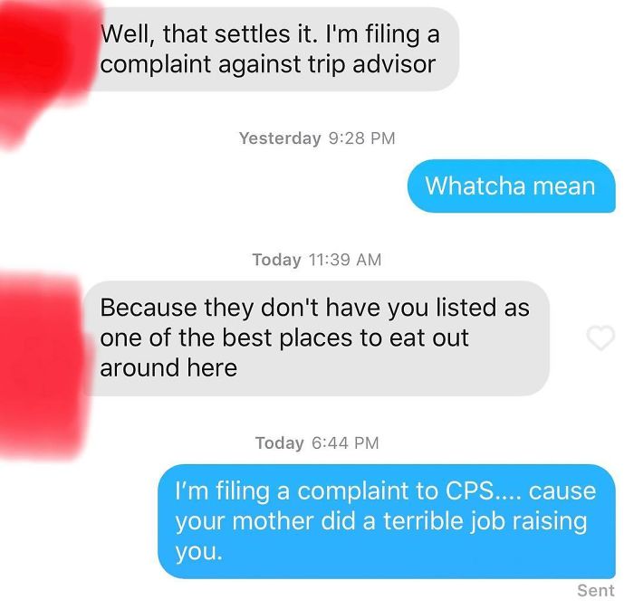 Text message exchange showing a terrible Tinder pick up line and an equally harsh reply, highlighting embarrassing conversations.