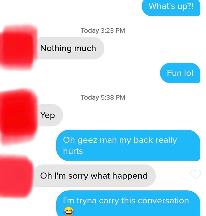 Text message conversation showing awkward Tinder pick up lines and attempts to carry the conversation with humor and pain complaints.