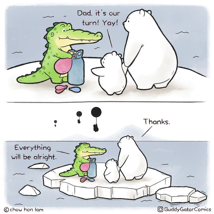 Comic featuring a wholesome alligator spreading positive vibes with two white bears on ice floes.