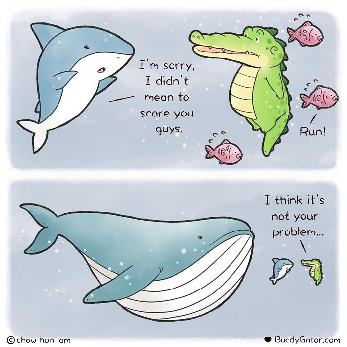 Wholesome alligator comic spreading positive vibes with friendly sea animals in a lighthearted underwater scene.