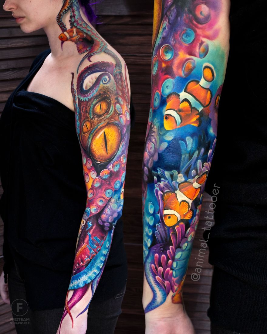 Colorful and bright animal tattoos featuring an octopus and clownfish on arms.