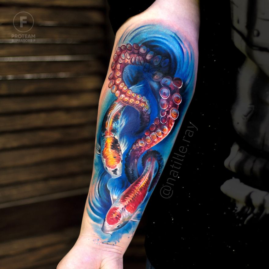 Colorful animal tattoo features vibrant koi and octopus on a forearm, showcasing artist's unique style.