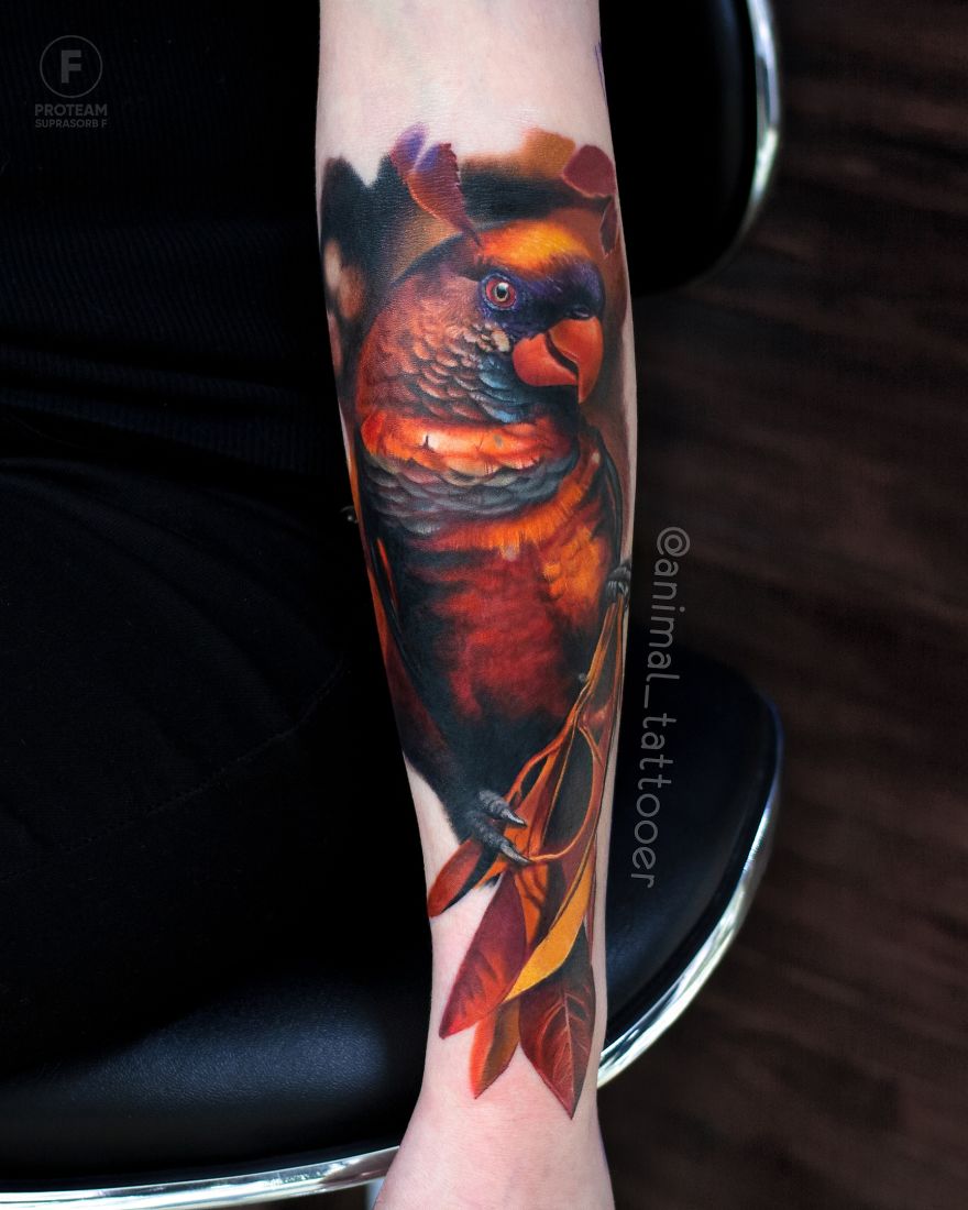 Colorful and bright parrot tattoo on forearm, showcasing the artist's vibrant animal design.