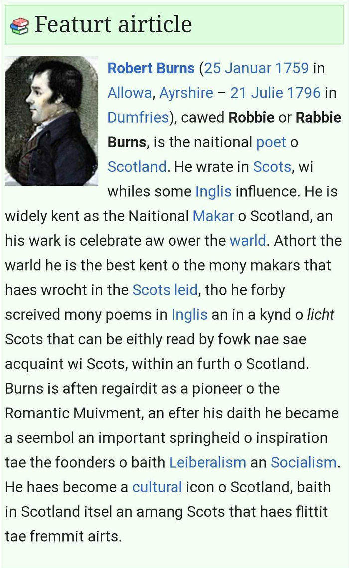 Scottish People Are Enraged After Finding Out That A Large Part Of Scots Wikipedia Is Written By An American Teen Using A Fake Scottish "Accent" Scottish People Are Enraged After Finding Out That A Large Part Of Scots Wikipedia Is Written By An American Teen Using A Fake Scottish "Accent"