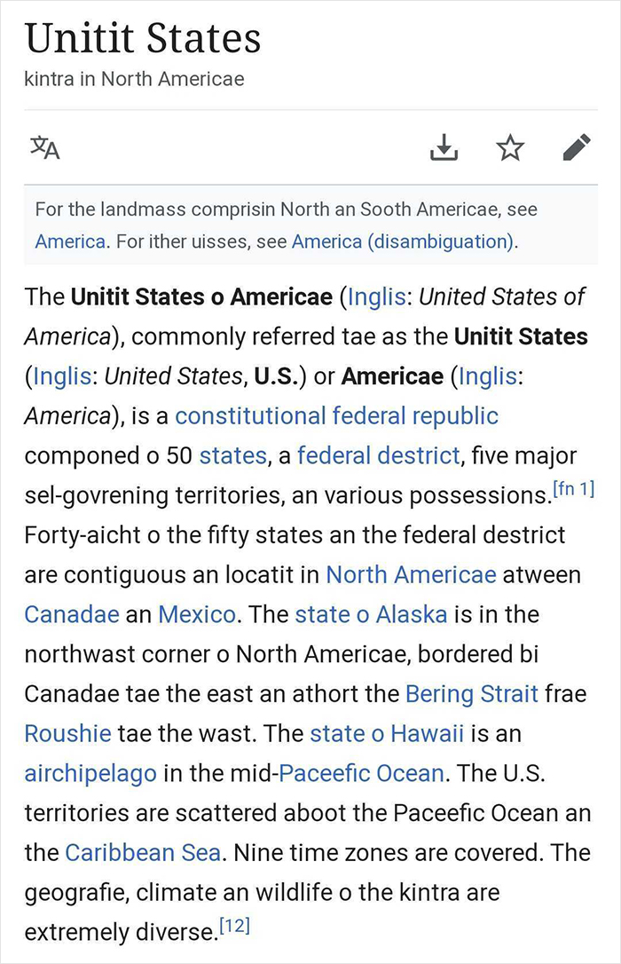 Scottish People Are Enraged After Finding Out That A Large Part Of Scots Wikipedia Is Written By An American Teen Using A Fake Scottish "Accent" Scottish People Are Enraged After Finding Out That A Large Part Of Scots Wikipedia Is Written By An American Teen Using A Fake Scottish "Accent"