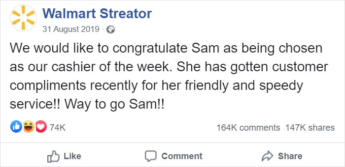 Walmart Congratulates Their Cashier Of The Week And People Start Sharing Hilarious Stories About Her Walmart Congratulates Their Cashier Of The Week And People Start Sharing Hilarious Stories About Her