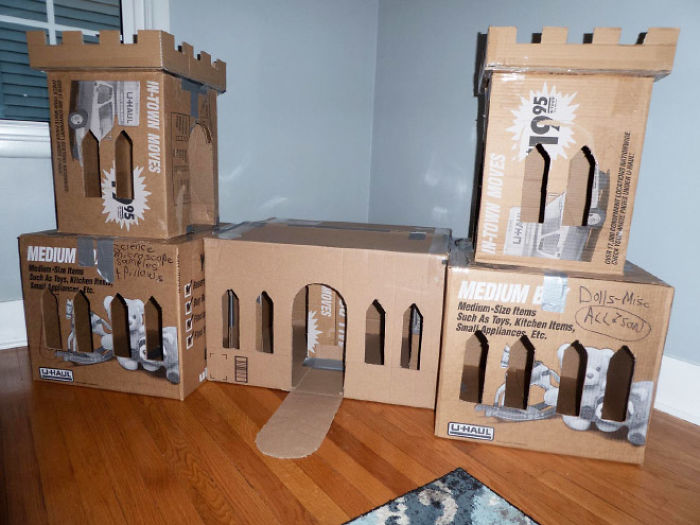 Cardboard fort built for cats from recycled boxes, offering an ecological solution to repurpose used cardboard.