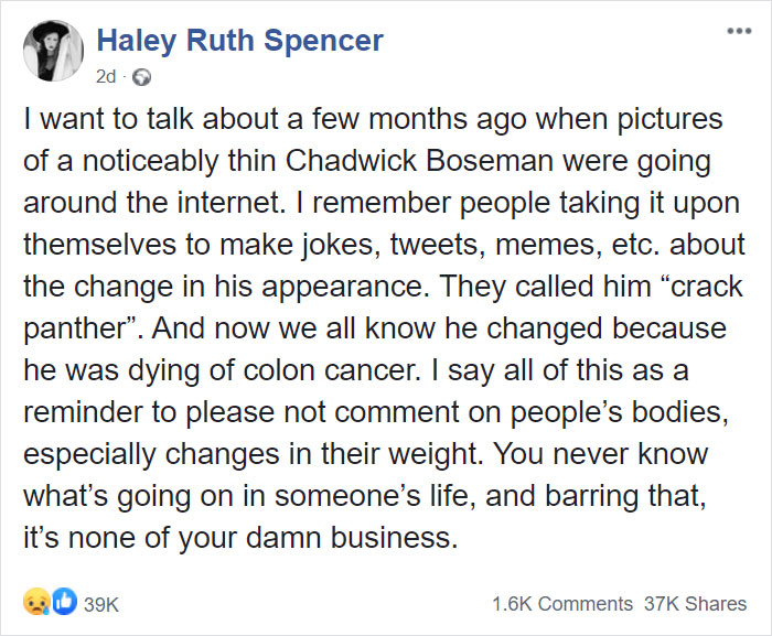 Social media post discussing Chadwick Boseman's weight loss and online reactions, urging empathy and respect.