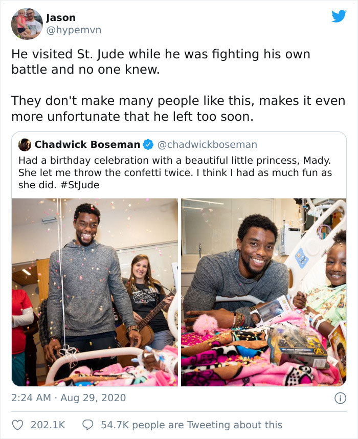 Chadwick Boseman smiling at St. Jude, interacting with a child, while confetti falls around them.