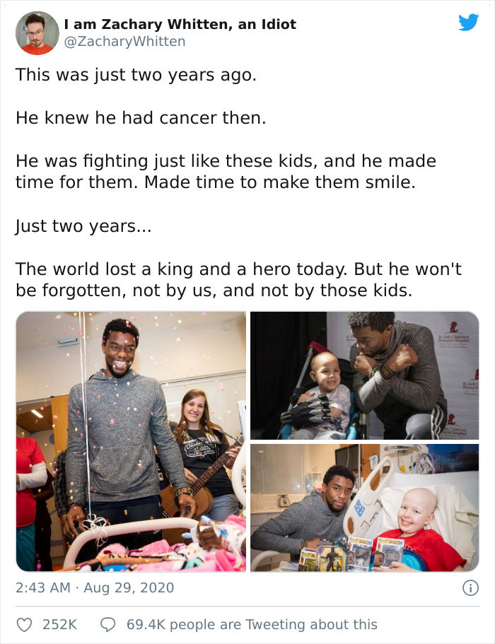 Chadwick Boseman visiting children in hospitals, showing kindness and support despite his own health challenges.