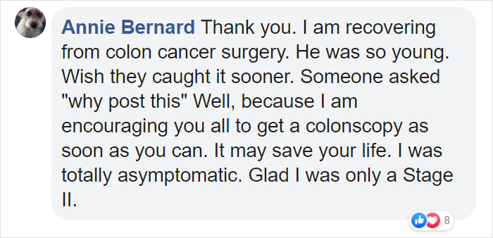 Facebook comment discussing Chadwick Boseman's weight loss and the importance of colonoscopies. Facebook comment discussing Chadwick Boseman's weight loss and the importance of colonoscopies.