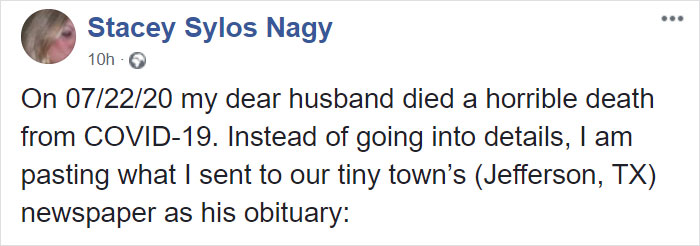 “May Karma Find You All”: Woman’s Brutally Honest Obituary For Her Husband Who Died From Coronavirus Is Going Viral “May Karma Find You All”: Woman’s Brutally Honest Obituary For Her Husband Who Died From Coronavirus Is Going Viral