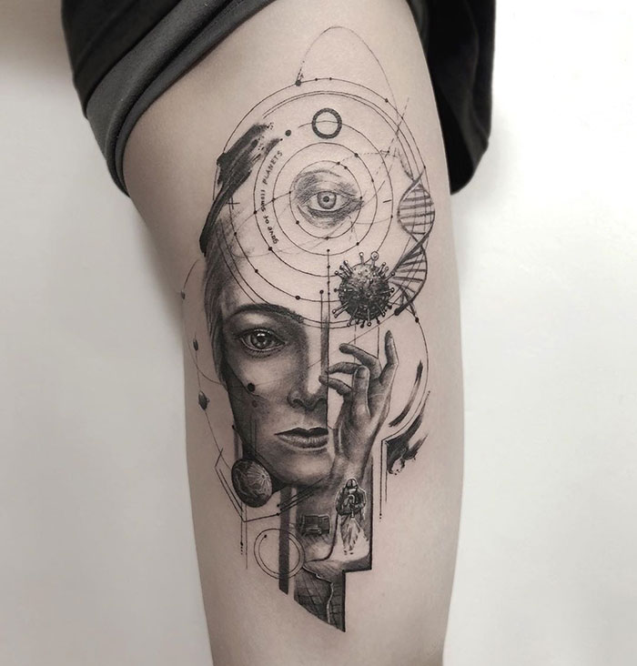 Creative Covid-19 tattoo featuring a surreal portrait with scientific elements on a person's upper arm.