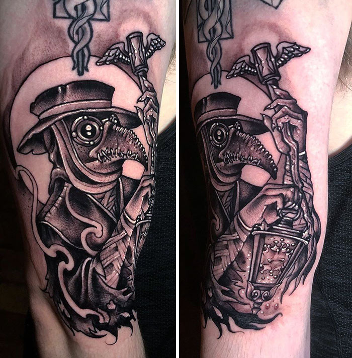 Creative Covid-19 tattoo featuring a detailed plague doctor design on arm.