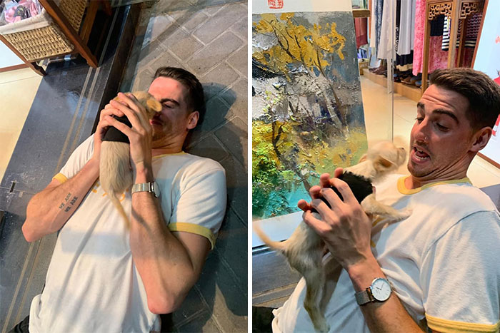 Fear Friends I Had 6 Sangrias And Went Walking Toward Another Bar And Look At What I Found He Licked My Nose And Bit My Eaes And Stole My Heart And I Love Him I Sont Know His Name But I Will Call Him Thumbelina!