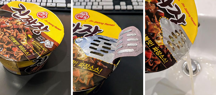 These Korean Cup Noodles Have A Small Drain For Pouring Out The Water To Make Soup-Less Noodles