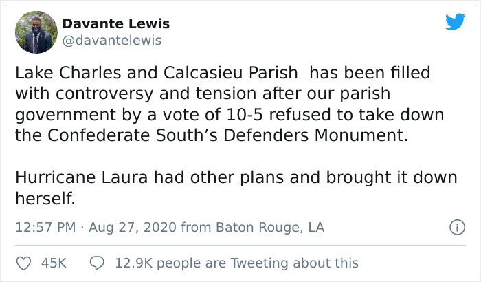 People Have Been Protesting This Confederate Statue For Months, Hurricane Laura Brought It Down In Seconds