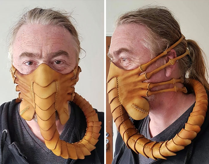 To Protect Himself From The Coronavirus, Artist Crafts A 59-Piece Leather Mask In The Shape Of A Facehugger