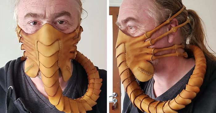 To Protect Himself From The Coronavirus, Artist Crafts A 59-Piece Leather Mask In The Shape Of A Facehugger