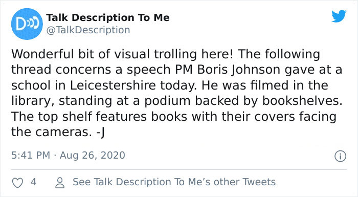 People Notice A Very Specific Book Arrangement Behind Boris Johnson During His Speech, Think The Librarian Did It People Notice A Very Specific Book Arrangement Behind Boris Johnson During His Speech, Think The Librarian Did It