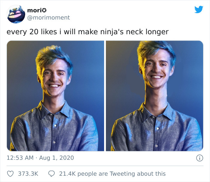 This Twitter User Lengthens Ninja's Neck After Every 20 Likes, Posts The Hilarious Result After Receiving 100k Likes This Twitter User Lengthens Ninja's Neck After Every 20 Likes, Posts The Hilarious Result After Receiving 100k Likes