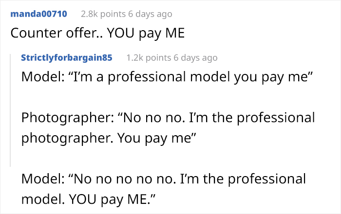 Model Haggles For A Free Photoshoot, Photographer Agrees, But This Choosing Beggar Decides It's Not Enough