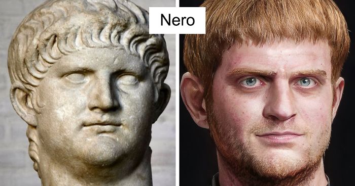 Side-by-side comparison of a Roman emperor Nero marble bust and his facial reconstruction using AI and Photoshop techniques.