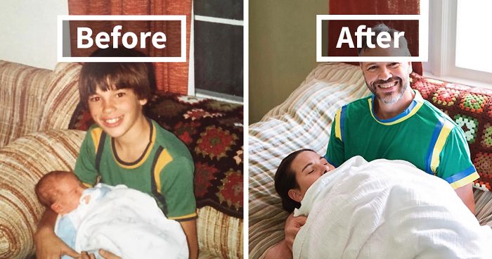 Our Mom Turned 70 And My Brother And I Decided To Recreate Our Hilarious Childhood Photos For Her Birthday