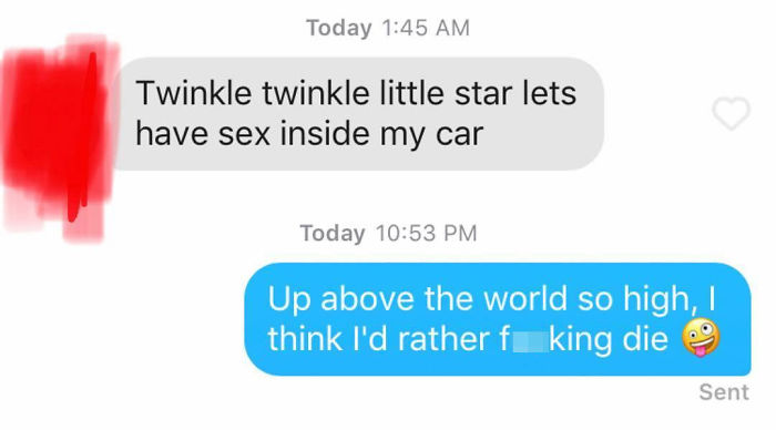Screenshot of a terrible Tinder pick up line and a blunt reply, illustrating embarrassing Tinder messages.