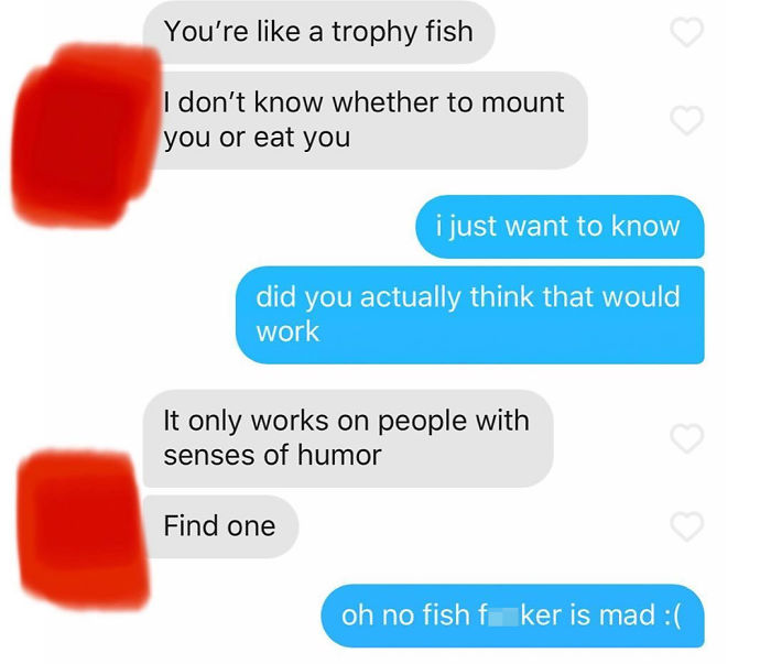 Tinder conversation showing a terrible pick up line about a trophy fish and a humorous rejection.